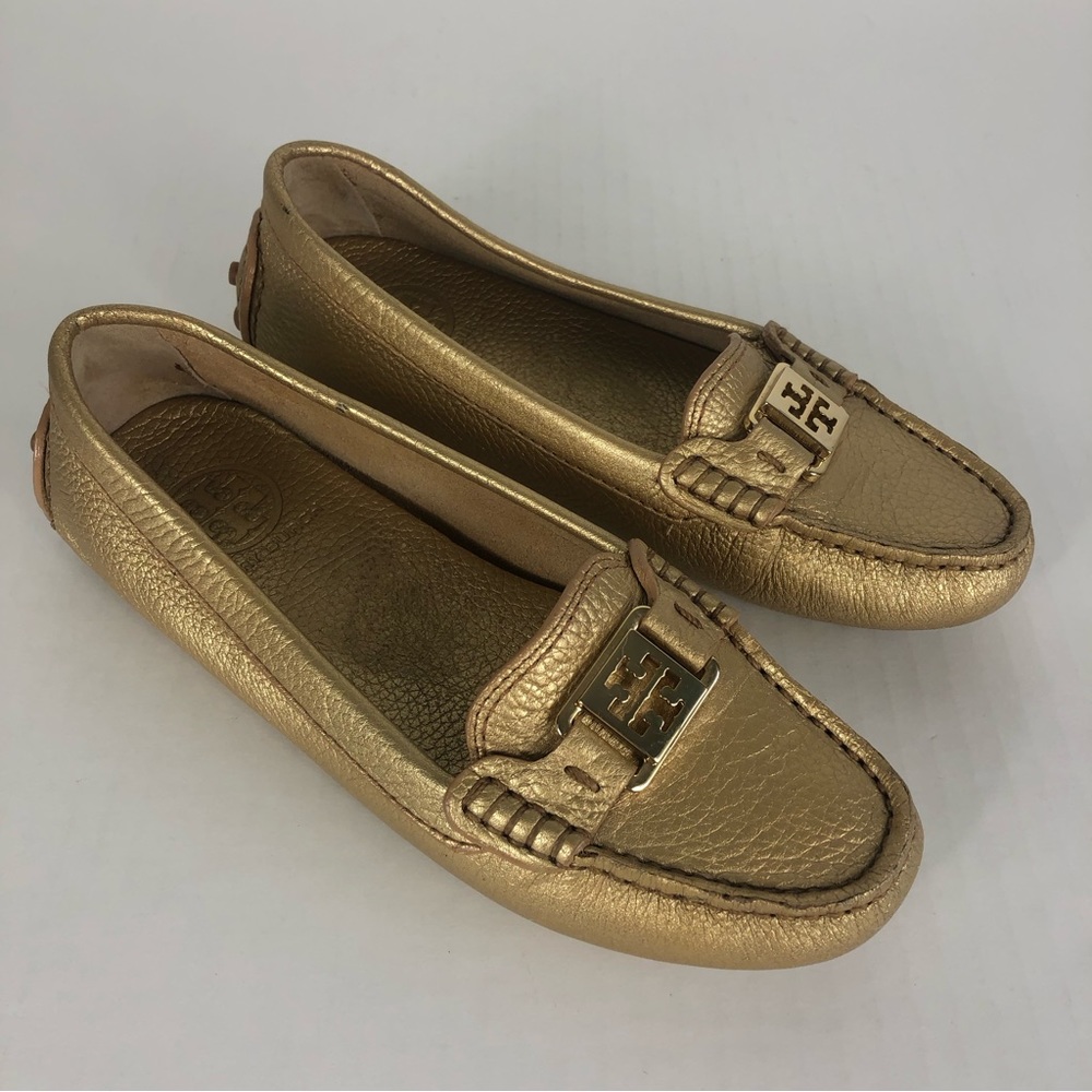 Tory Burch Driving Loafers Gold Color Leather Size 6M